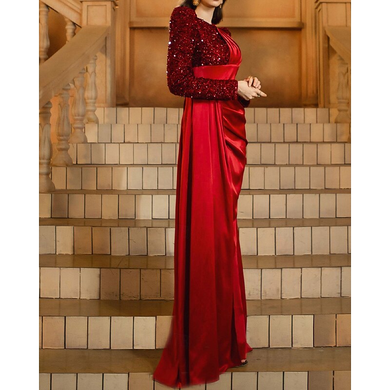 Red Sequin Velvet Mermaid / Trumpet Evening Gown Stretch Sequin Velvet Elegant Dress Formal Wedding Floor Length Long Sleeve Crew Neck Stretch Satin with Pleats 20252