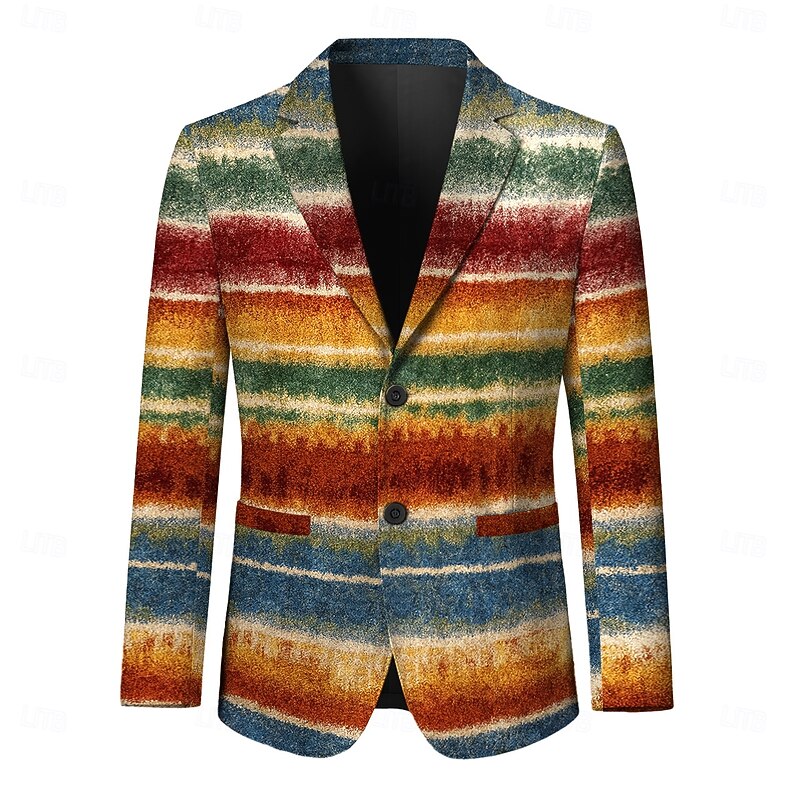 Men's Blazer Jacket Casual Stylish Retro All Seasons 100% Polyester Weaving Striped 3D Print Color Block Comfortable Single Breasted Blazer Light Purple Brown Green