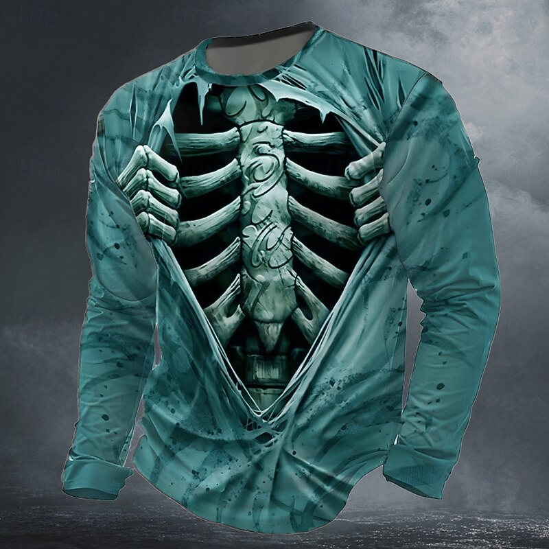 Halloween Day of the Dead Skull Men's 3D Skeleton T Shirt Long Sleeve T shirt 3D Print Crew Neck Shirt Fashion Exaggerated Street Daily Purple Green Dark Gray Summer Spring Fall Clothing Apparel3