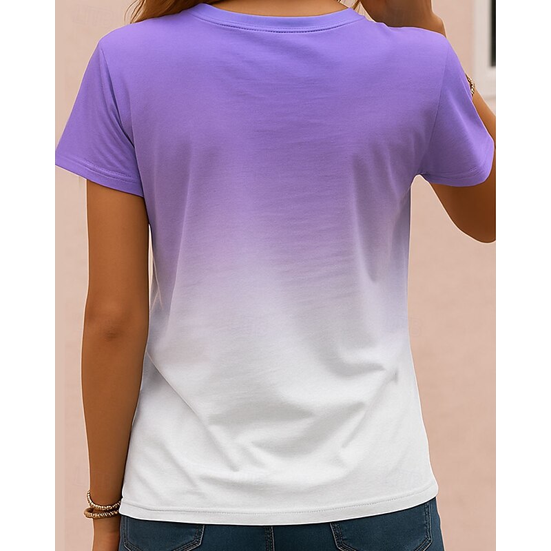 Women's T Shirt Ombre Graphic Cartoon Vintage Stylish Classic Short Sleeve Crew Neck Regular Tops Daily Weekend Print Pink Blue Purple Gray Summer Spring Fall2