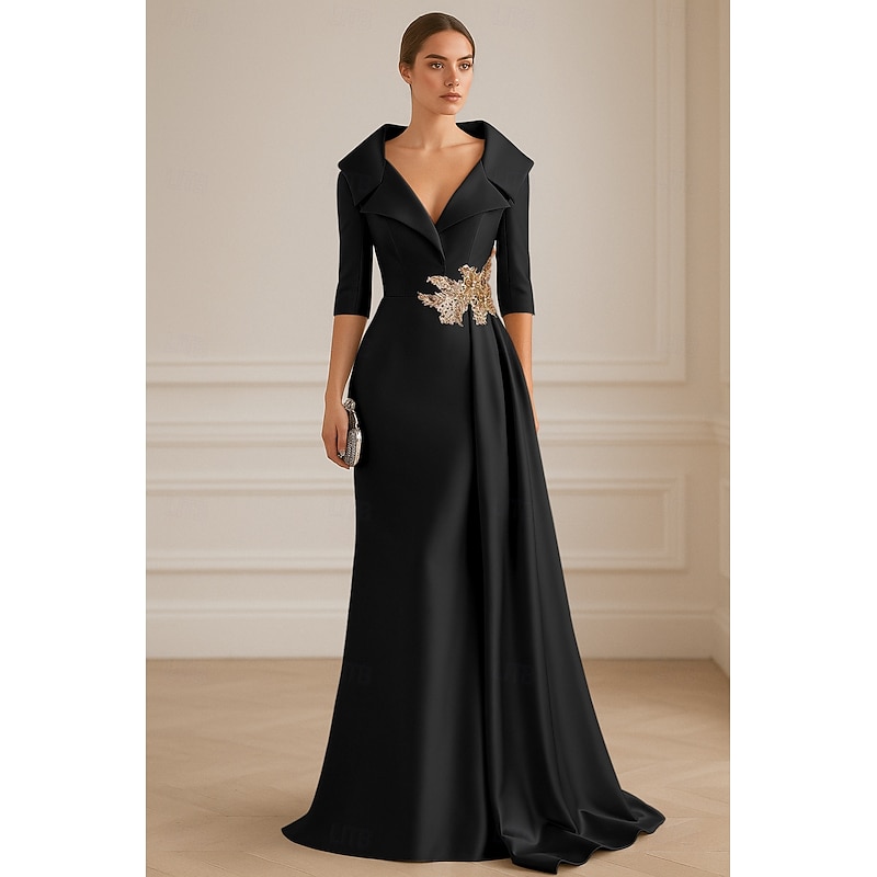 Blue Black A-Line Evening Gown Elegant Dress Formal Wedding Floor Length Half Sleeve Lapel Stretch Satin with Pleats 20252