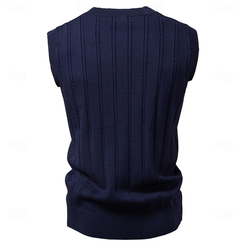 Men's Sweater Vest Cable Knit Regular Tops Solid Color V Neck Elegant Vintage School Formal Clothing Apparel Sleeveless Spring Fall Black Dark Navy S M L2