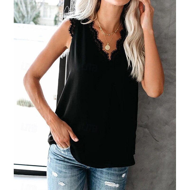 Women's Summer Tops Plain Stylish Sleeveless V Neck Regular Tops Black White Pink Sky Blue Apricot Summer