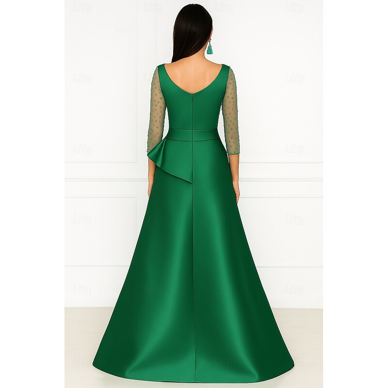 A-Line Evening Gown Elegant Dress Formal Wedding Guest Floor Length 3/4 Length Sleeve Illusion NeckDress Satin with Beading2