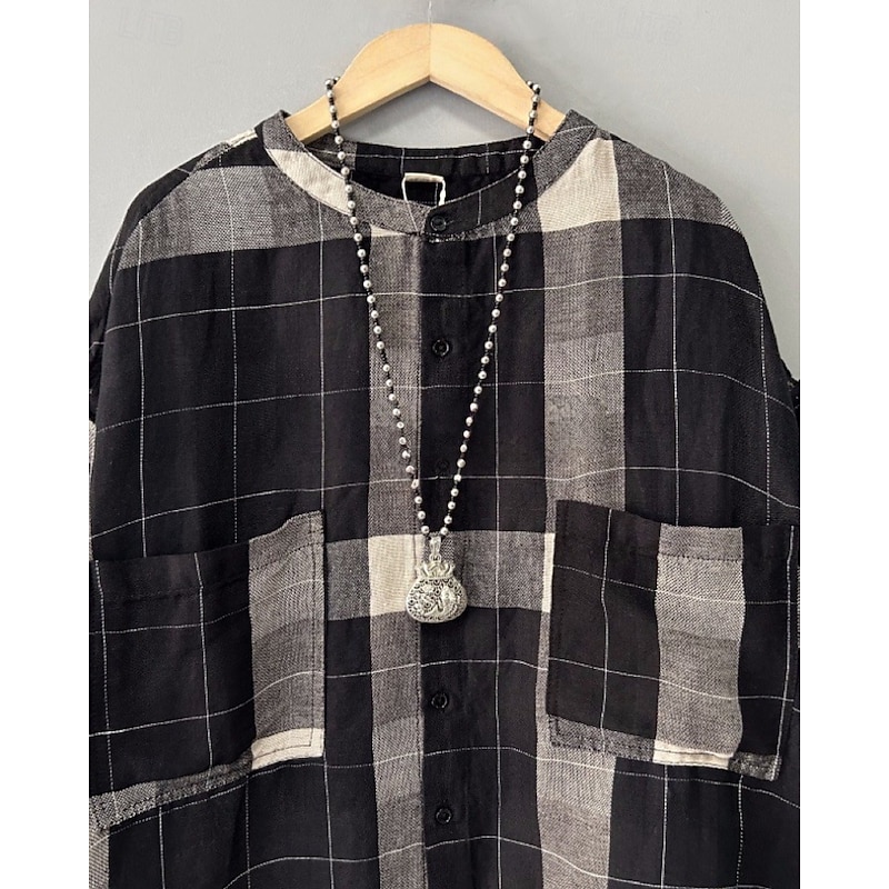 Women's Shirt Linen Shirt Blouse Plaid Modern Casual Long Sleeve Crew Neck Regular Tops Holiday Going out Pocket Buttons Black Fall3