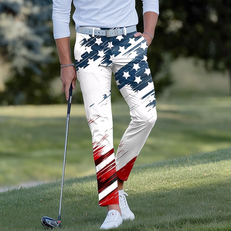 Men's American US Flag Patriotic Dress Pants Golf Pants Trousers Mid Waist Casual Sports Outdoor Slim Fit Pants with Pockets Spring Fall 3D Print White Blue
