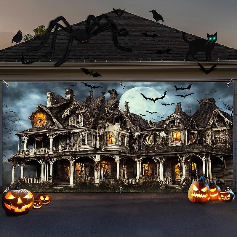 Halloween Garage Door Cover Large Hanging Backdrop Castle Dark Punk Gothic Style Party Outdoor Shooting Backgrounds Yard Haunted House Home Decor4