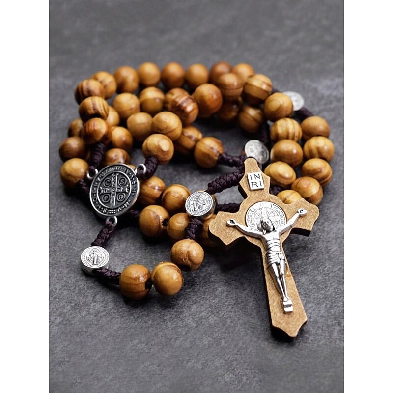 Men's Wooden Rosary Necklace with Saint Benedict Medal and Crucifix – Catholic Prayer Beads for Religious Worship, Spiritual Reflection and Daily Devotion3