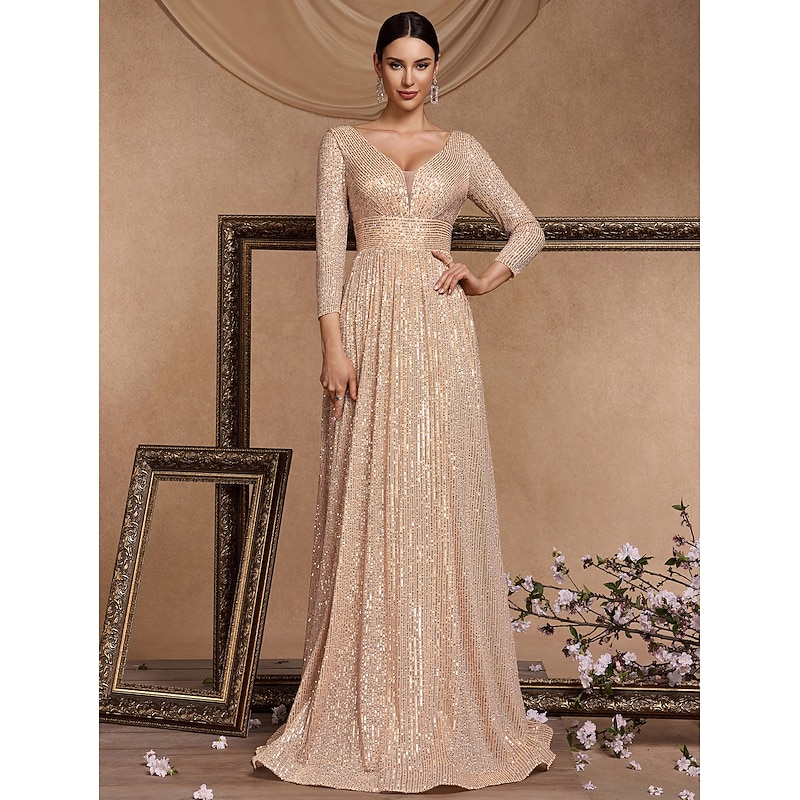 A-Line Evening Gown Party Dress Evening Party Floor Length 3/4 Length Sleeve V Neck Sequined with Sequin
