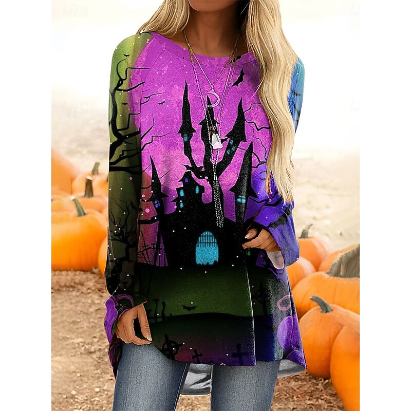 Halloween Women's T Shirt Castle Ombre Graphic Vintage Stylish Classic Long Sleeve Crew Neck Regular Tops Daily Print Yellow Pink Blue Orange Spring Fall4