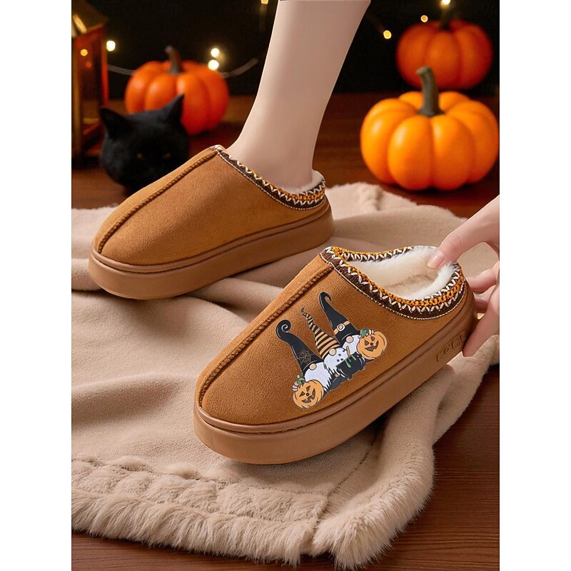 Women's Halloween Gnome Slippers with Plush Lining - Cozy Indoor House Shoes with Pumpkin Print for Fall and Holiday Gift Giving2