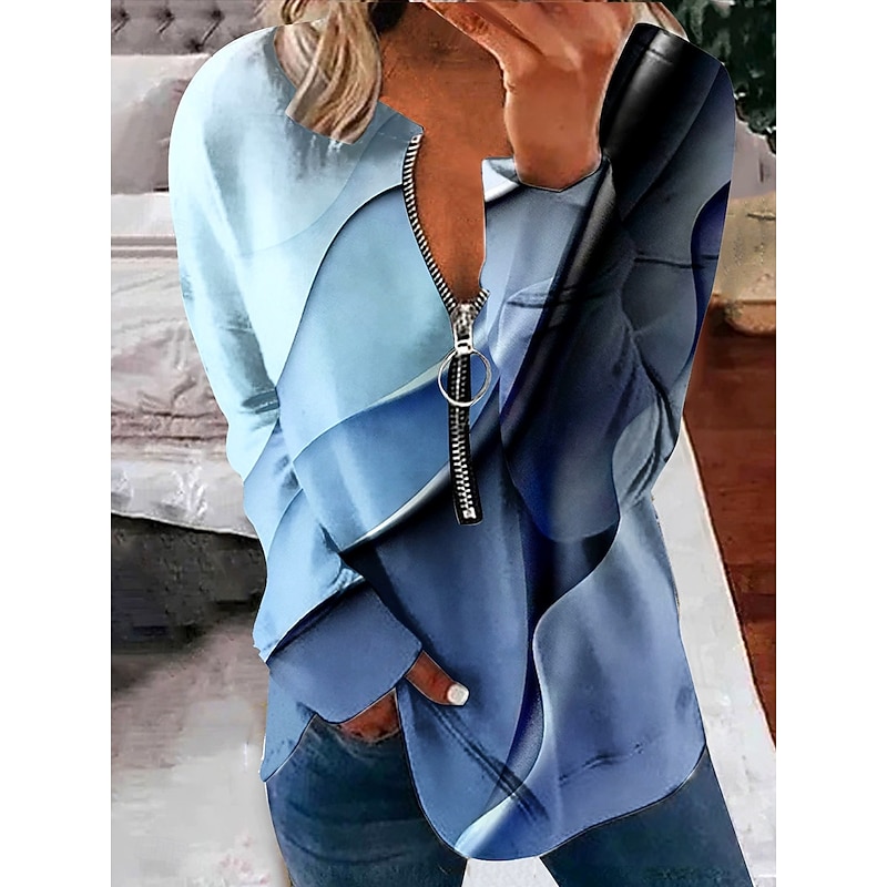 Women's Pullover Sweatshirt Zip Up Sweatshirts Graphic Abstract Fashion Casual Long Sleeve Crew Neck Regular Tops Street Dailywear Zipper Print Blue Purple Green Spring Fall Winter