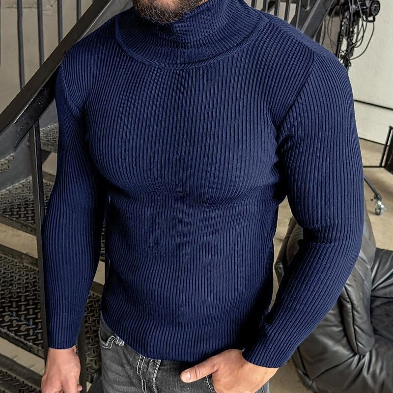 Men's Pullover Sweater Jumper Knit Sweater Ribbed Knit Regular Tops Knitted Plain Turtleneck Fashion Basic Vacation Daily Wear Clothing Apparel Fall Winter Wine Black M L XL2