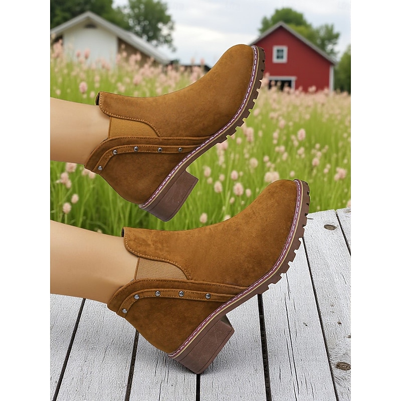 Women's Chunky Heel Chelsea Ankle Boots – Round Toe Booties with Studded Detail for Fall Fashion, Farm Visits and Outdoor Walks4