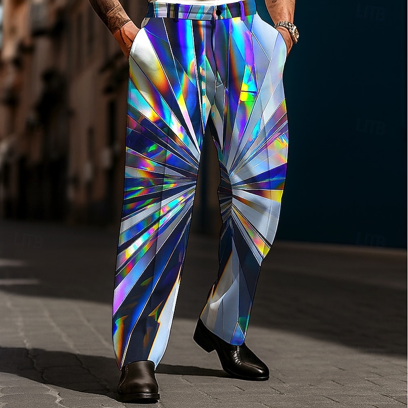 Men's Geometric Optical Illusion Laser Dress Pants Trousers Suit Pants Mid Waist Casual Holiday Streetwear Relaxed Fit Flat Front Dress Pants with Side Pockets Spring Fall 3D Print Blue Green