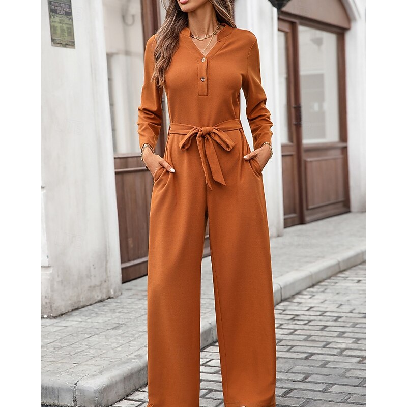 Women's Normal Jumpsuit Streetwear Solid Color Long Sleeve V Neck Pocket Buttons Street Daily Regular Fit Black Army Green Fuchsia Fall4