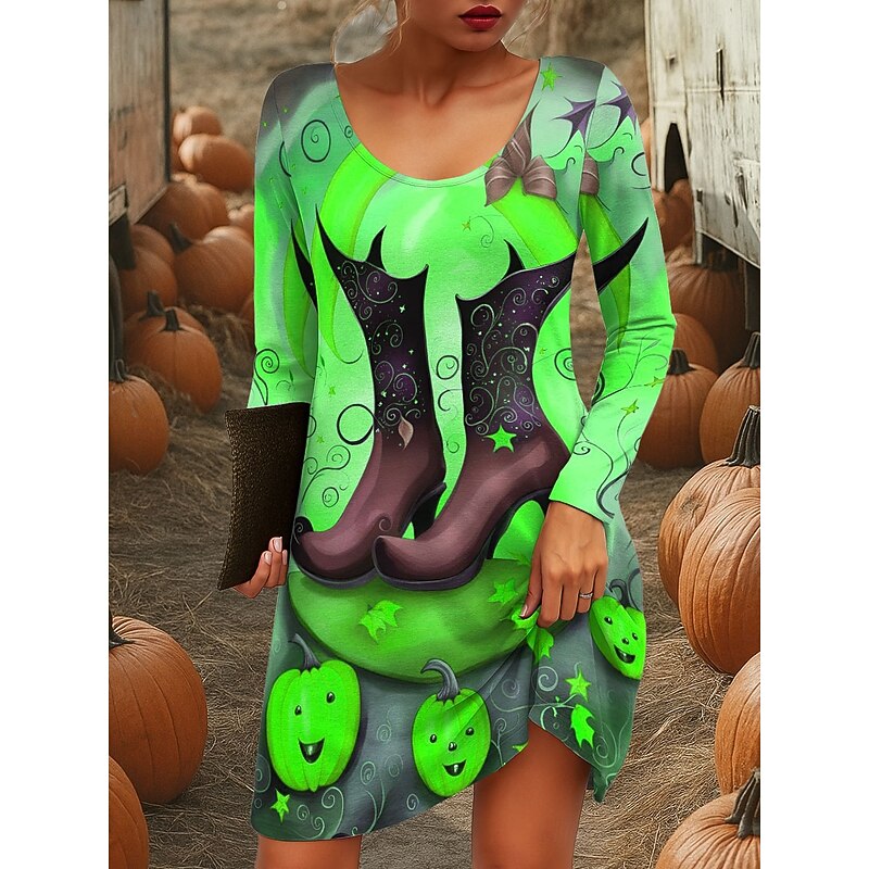 Halloween Women's Witch Print Mini Dress Crew Neck Long Sleeve T Shirt Dress Tee Dress A Line Dress Casual Daily Going out Regular Fit Graphic Pumpkin Blue Purple Orange Green Fall Winter4