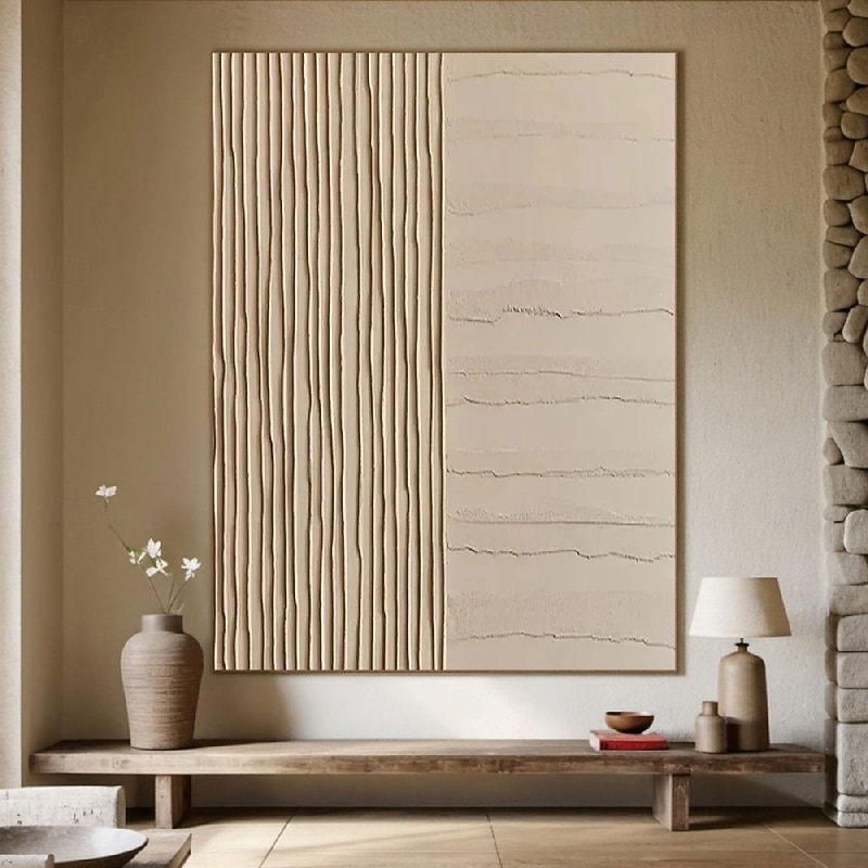 Handmade Painted Textured Oil Painting Vertical Stripes Ribbed Surface Sandy Pattern Horizontal Fissures Neutral Beige Oatmeal Taupe Minimalist Art Black Frame Wall Decor - Main Image
