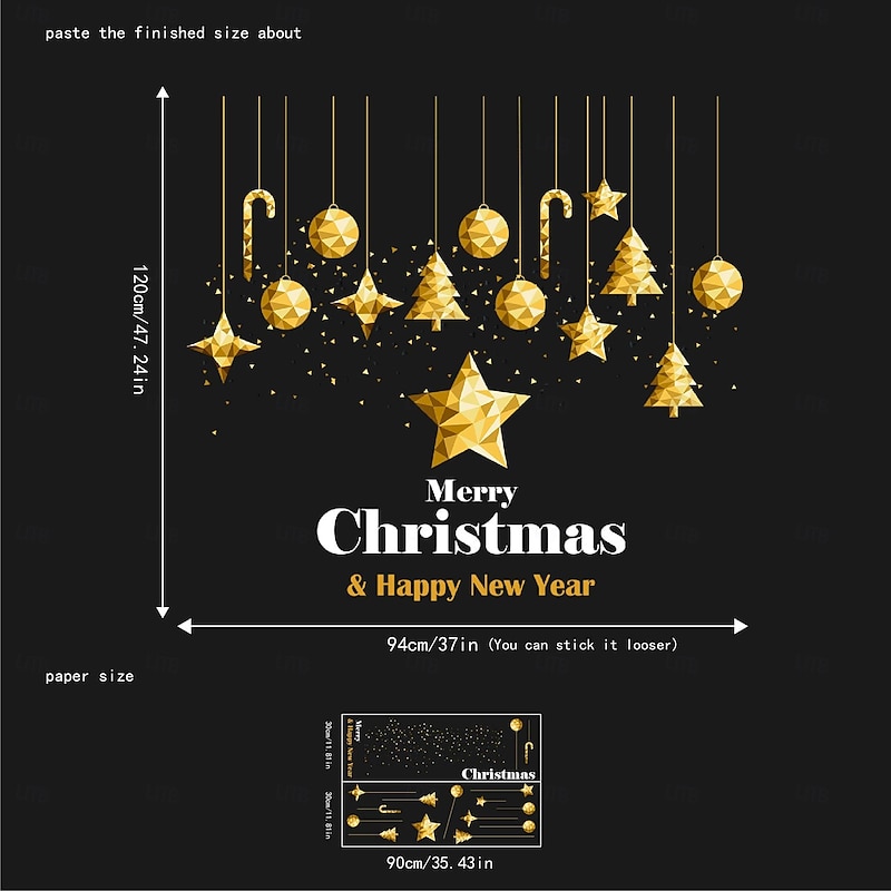 Christmas Window Clings Xmas Wall Sticker Gold Bell Star English Design Glass Decals for Mall Window Door Holiday Decoration Static Cling Festive Home Party Accessory4