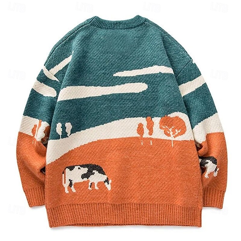 Men's Animal Landscape Cows Pullover Sweater Jumper Knitwear Crewneck Casual Vacation Home Street 3D Print Knitting Keep Warm Long Sleeve Spring Fall Winter Orange Green4