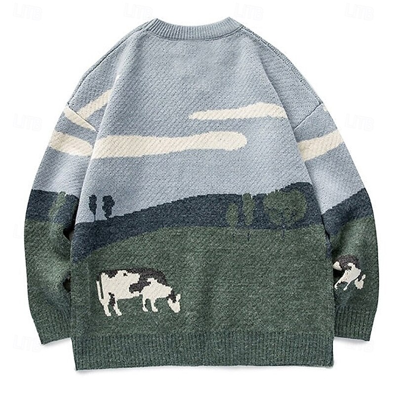 Men's Animal Landscape Cows Pullover Sweater Jumper Knitwear Crewneck Casual Vacation Home Street 3D Print Knitting Keep Warm Long Sleeve Spring Fall Winter Orange Green3