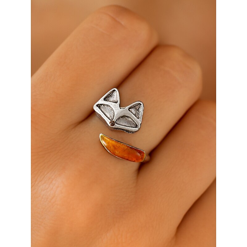 Women's Fox Design Adjustable Alloy Ring – Cute Animal Open Band with Amber-Tone Accent for Girls and Women, Ideal for Daily Wear, Gifts and Casual Outfits