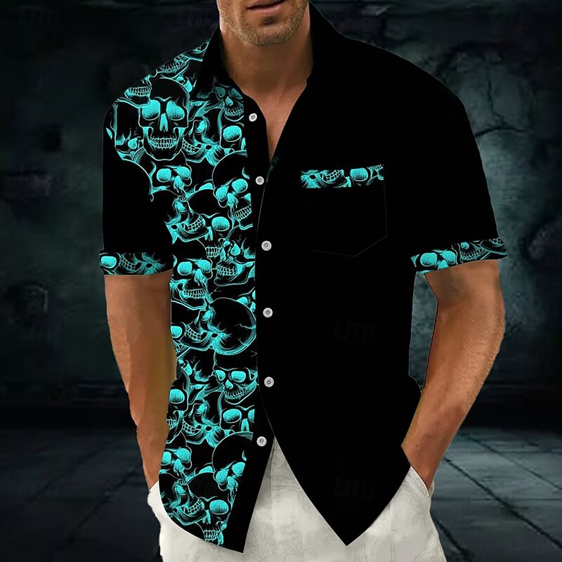 Halloween Men's Halloween Costumes Skulls Shirt Summer Shirt Button Up Shirt Short Sleeve Dark Gothic Style Holiday Summer Spring Turndown 3D Print Collared Shirts Front One Pocket Blue Purple Green3