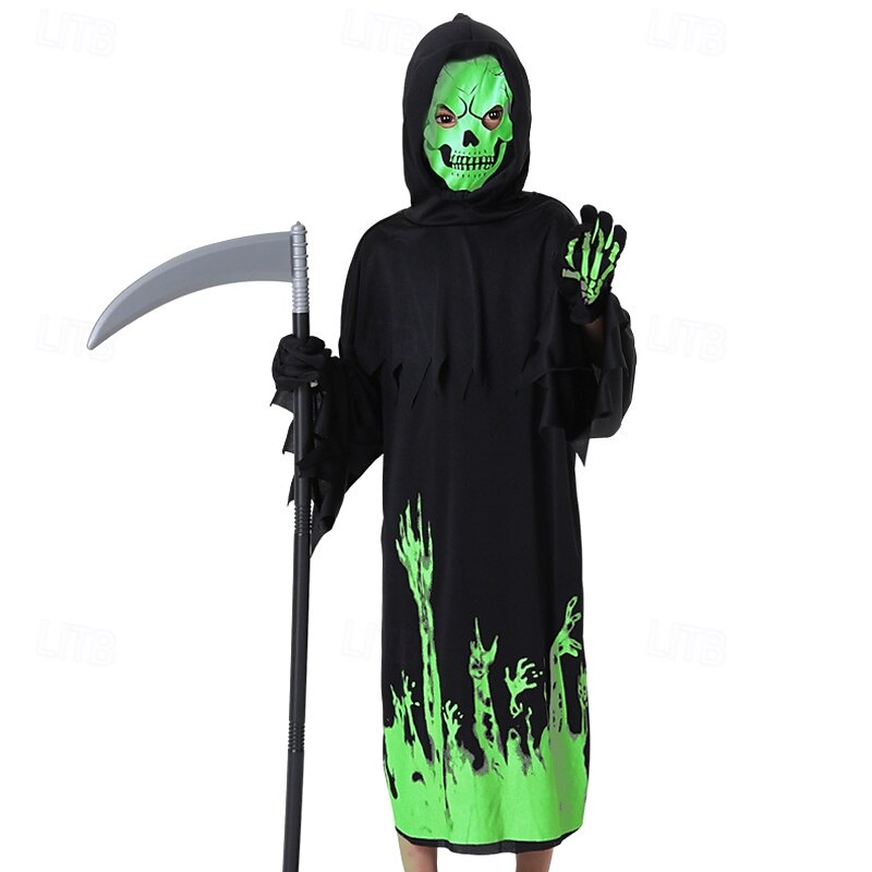 Witch Grim Reaper Skull Skeleton Halloween Costume Glow in the Dark Horror Scary Costume Kid's Boys' Girls' Halloween Carnival Performance Party Easy Halloween Costumes Dress Up4