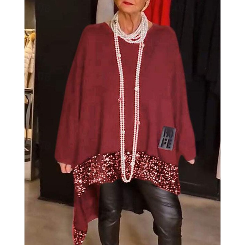 Women's Blouse Color Block Stylish Modern Long Sleeve Crew Neck Regular Tops Daily Holiday Going out Sequins Patchwork Black Red Blue Brown Green Fall3