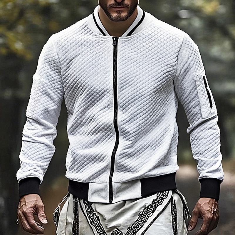 Men's Sweatshirt Full Zip Sweatshirt Black White Wine Navy Blue Light Grey Standing Collar Plain Jacquard Zip Up Sports & Outdoor Daily Holiday Polyester Streetwear Basic Casual Fall Winter Clothing