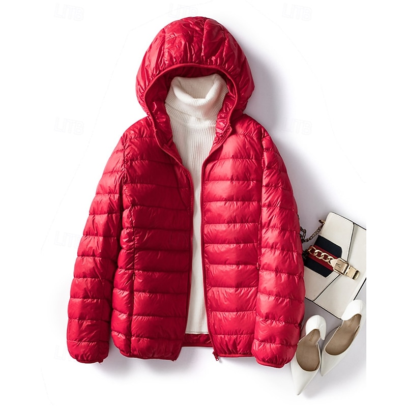 Women's Down Jacket Warm Comfortable Zipper Pocket Casual Plain Going out Weekend Zipper Regular Hooded Regular Fit Long Sleeve Outerwear Baby blue Wine Red Fall Winter3