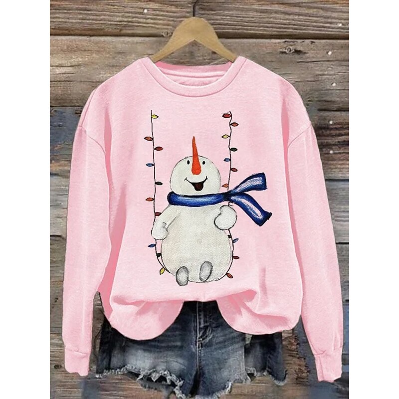 Women's Pullover Graphic Snowman Casual Long Sleeve Crew Neck Regular Tops Street Dailywear Casual Print White Pink Red Blue Khaki Fall Winter3