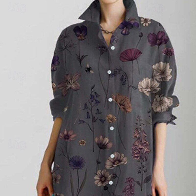Women's Long Dress Maxi Dress Shirt Dress Casual Dress Print Dress Fashion Modern Daily Weekend Regular Fit Flower Long Sleeve Shirt Collar Dark Gray Spring Fall2