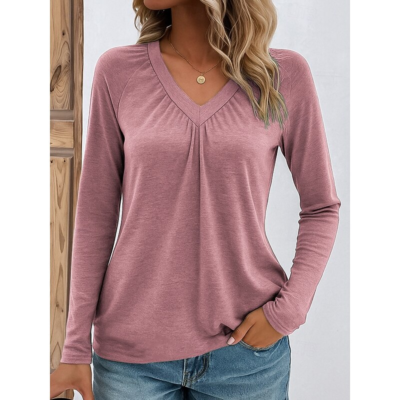 Women's Blouse Solid Color Stylish Casual Long Sleeve V Neck Regular Tops Daily Pink Blue Green Gray Spring Fall Winter2