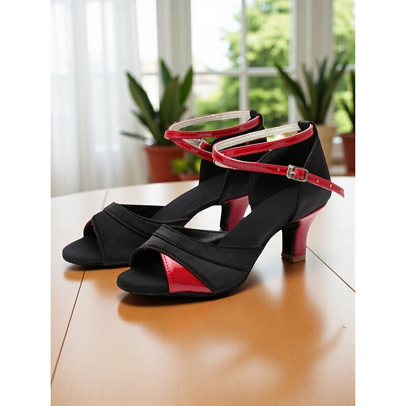 Women's Black and Red Latin Dance Sandals - Open Toe Mid Heel Professional Ballroom Shoes with Ankle Strap for Performance and Practice3