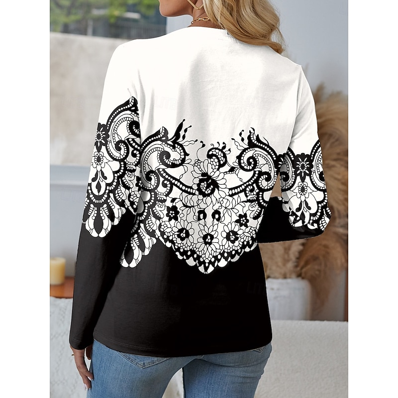 Women's T Shirt Graphic Geometric Vintage Stylish Casual Long Sleeve V Neck Regular Tops Daily Cut Out Print White Pink Blue Green Spring Fall2