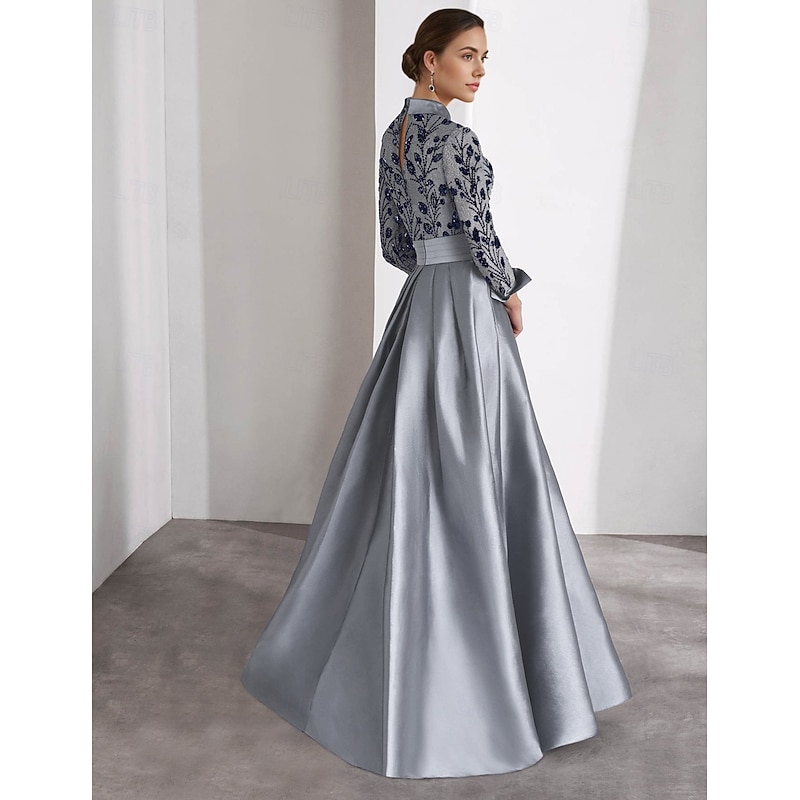 Embroidered Mother of the Bride A-Line Evening Gown Elegant Dress Formal Wedding Guest Floor Length Long Sleeve Shirt Collar Satin with Glitter Slit2