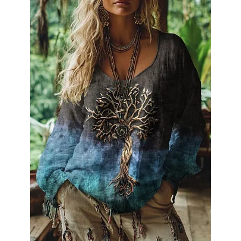 Women's Blouse Graphic Vintage Daily Casual Long Sleeve V Neck Regular Tops Tribal Tree Of Life Vintage Designer Vacation Street Going out Daily Holiday Print Yellow Purple Fuchsia Summer Spring Fall4