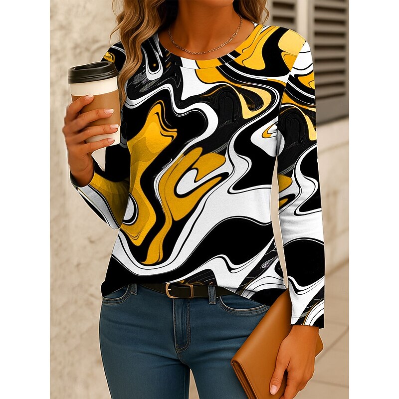 Women's T Shirt Graphic Geometric Color Block Vintage Stylish Classic Long Sleeve Crew Neck Regular Tops Daily Print Yellow Pink Red Blue Spring Fall Winter4