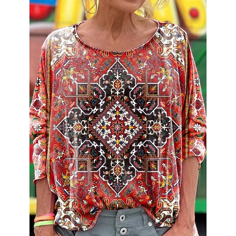 Women's Blouse Floral Vintage Ethnic Long Sleeve Crew Neck Regular Tops Daily Holiday Print Red Blue Spring Fall