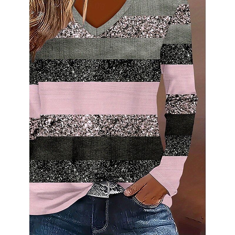 Women's T Shirt Graphic Geometric Striped Vintage Stylish Classic Long Sleeve Crew Neck V Neck Round Neck Regular Tops Daily Print Dusty Rose Spring Fall Winter3