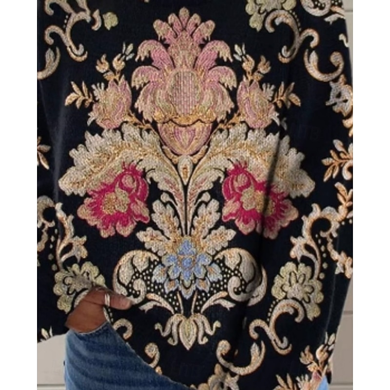 Women's Sweater Elegant Vacation Vintage Paisley Turtleneck Floral Long Sleeve Regular Tops Knit Home Daily Holiday Black Fall Winter2