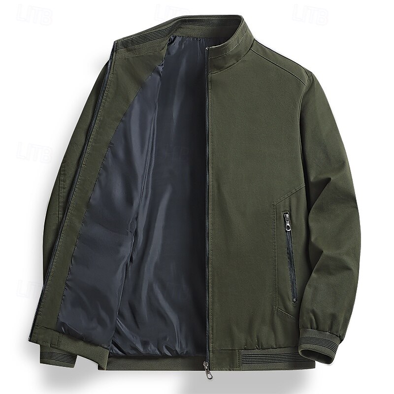 Men's Jacket Casual Jacket Outdoor Vacation Warm Zipper Pocket Fall Winter Plain Fashion Streetwear Standing Collar Regular Black Khaki Army Green Beige Jacket3