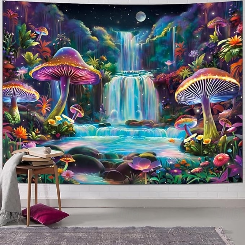 Mushroom Waterfall Blacklight Tapestry – Trippy Psychedelic Glow in the Dark Wall Hanging for Bedroom or Dorm Decor4