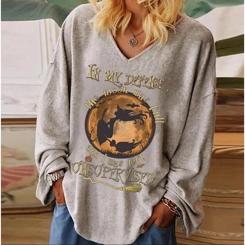 Halloween Women's T shirt Witch Vintage Stylish Basic Long Sleeve V Neck Regular Tops Weekend Black Gray Fall2