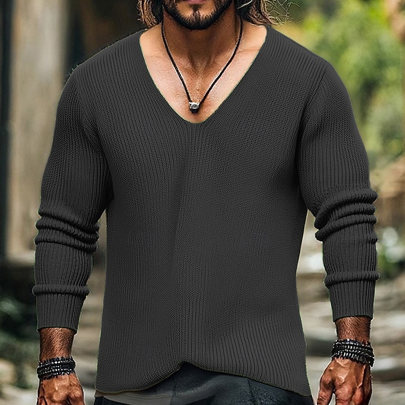 Men's Pullover Sweater Jumper Knit Sweater Ribbed Knit Regular Tops Knitted Plain V Neck Fashion Basic Vacation Daily Wear Clothing Apparel Fall Winter Black Blue S M L3