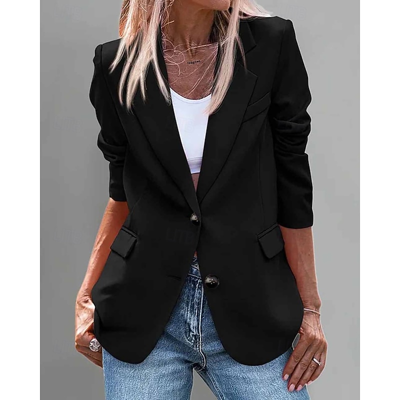 Women's Blazer Comfortable Pocket Buttons Fashion Plain Street Holiday Single Breasted Regular Turndown Regular Fit Long Sleeve Outerwear Black Wine Navy Blue Fall3