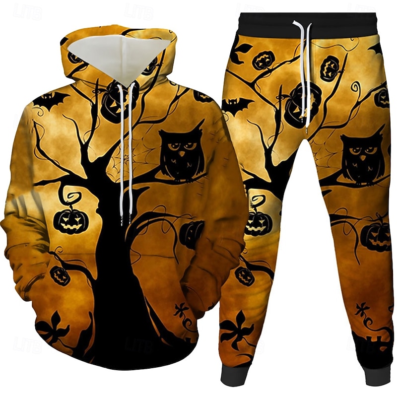 Halloween Men's Owl Pumpkin 2pcs 3D Sweatshirt Sets Tracksuit Hoodie Sweatshirt Long Sleeve Long pants Hooded Casual Daily Athleisure Festival Outfit 3D Print Spring Fall Winter Yellow Orange