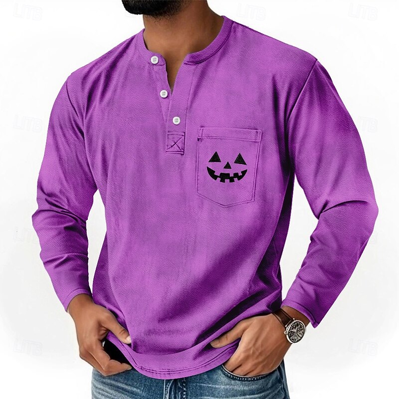 Men's Halloween Pumpkin Smile Henley Shirt T shirt Tee Long Sleeve Retro Vintage Casual Casual Spring Fall Blue Green Purple Orange Henley Henley T-Shirt2