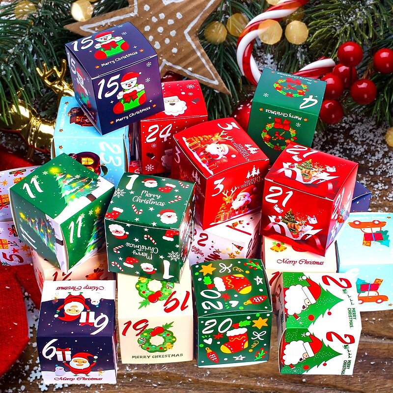 24 Days Christmas Advent Calendar Boxes Set DIY Cardboard Countdown Gift Boxes with Numbered Designs Holiday Themed Decorative Packaging for Xmas Gifts and Treats2
